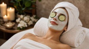 woman relaxing on spa bed with facemask and cucumbers on face