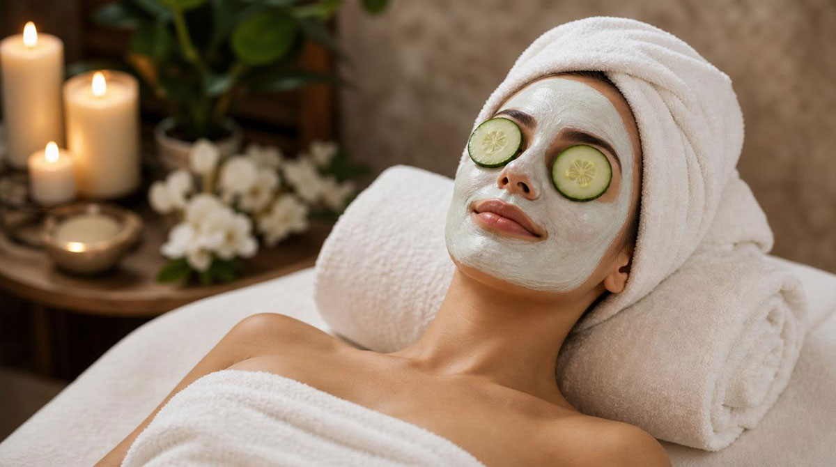 woman relaxing on spa bed with facemask and cucumbers on face